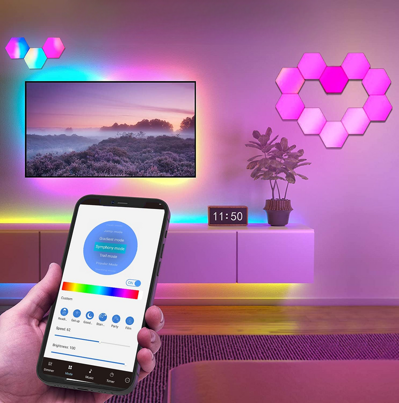 Luminaria Inteligente Hexágonal para Parede com Led Colorida e Sincronização Músical - Alexa e Google Assistente